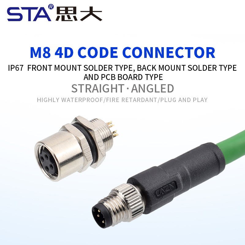 M8 4D Code IP67 Straight / Angled Overmolded Plug Connector