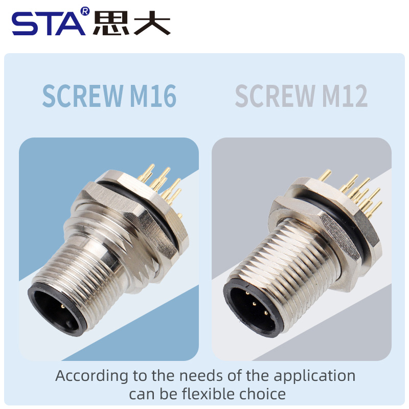 M12 PCB Разъём с Заземлением, Задний Монтаж, Металлический Корпус