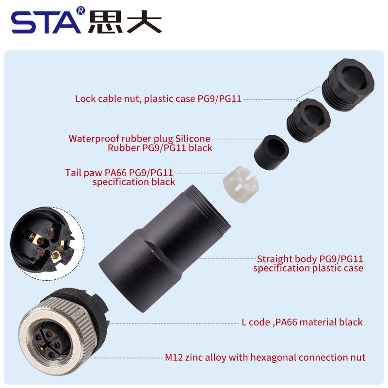 M12 Power Type L-Coded Straight / Angled Male Female Plastic Assembled Plug Connector 63V/16A