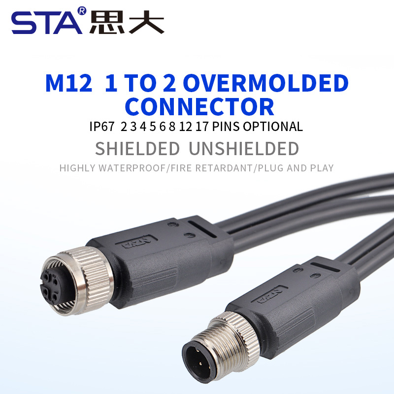 M12 Разветвитель 1–2 (Y-образный) | Мужской/Женский Разъём | Литой Кабельный Коннектор | Водонепроницаемый Промышленный Разъём