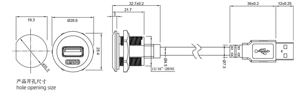 EP-USB Panel type board front installation female socket Male straight plug