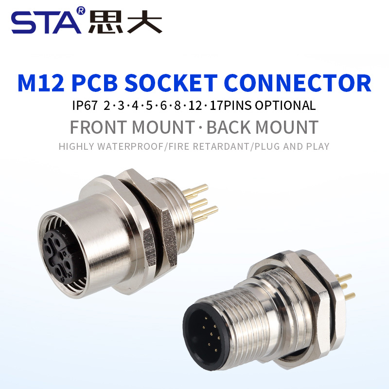 M12 металлический PCB-разъём переднего/заднего монтажа, резьба M16×1.5 / PG9 / M12×1