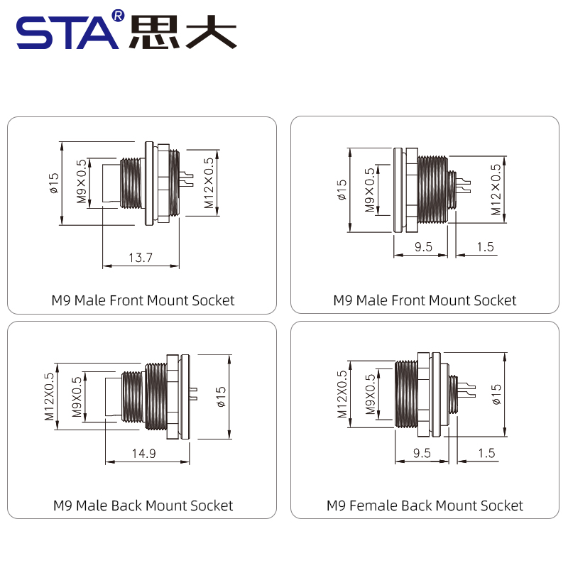 Разъёмы M9 с пайкой, металлические, передний/задний монтаж, 2,3,4,5,6,7,8 контактов