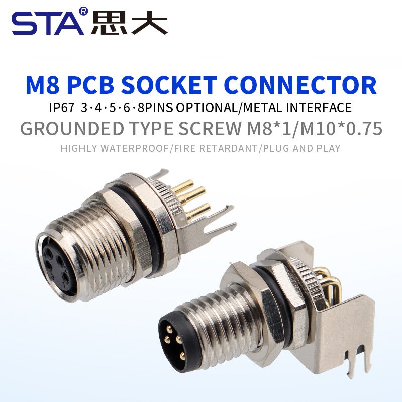 Водонепроницаемый разъем M8 для печатной платы, прямой/угловой, с задним креплением, металлический интерфейс, с заземлением, 3, 4, 5, 6, 8 контактов