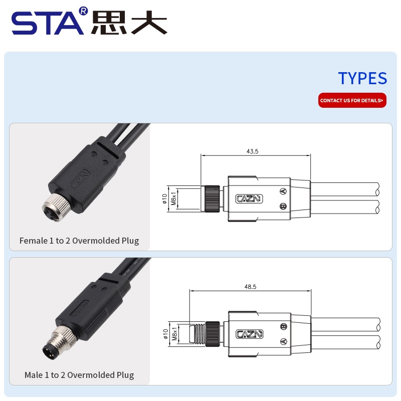 Водонепроницаемый экранированный/неэкранированный литой разъем M8 «папа-мама» 1 к 2, IP67