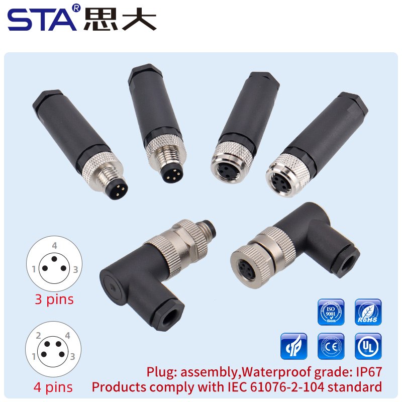 Прямой/угловой пластиковый разъем M8 (папа/мама) с винтовыми клеммами, 3/4 контакта