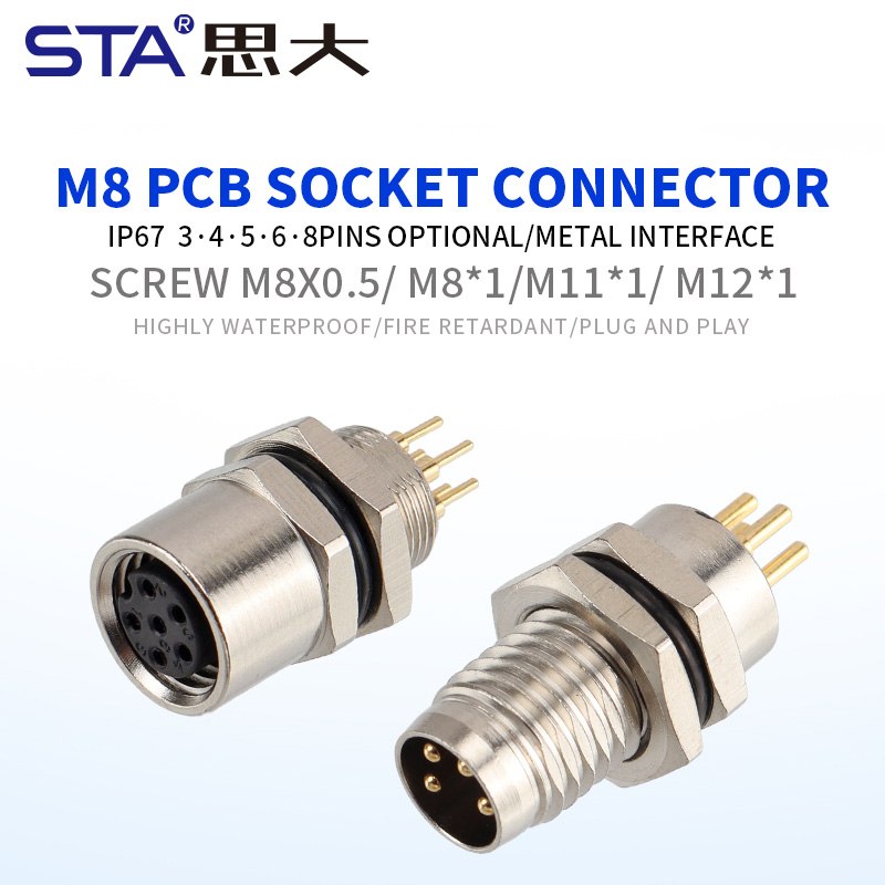 Разъем M8 для печатной платы (папа/мама) с креплением спереди/сзади, 3, 4, 5, 6, 8 контактов