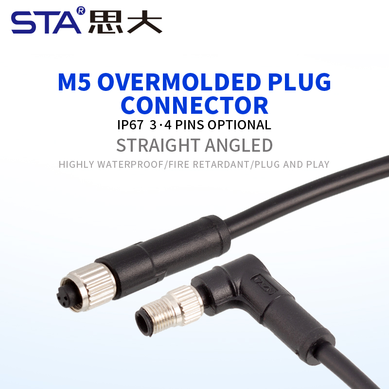 Прямой/угловой литой штекер M5 с 3/4 контактами, водонепроницаемый