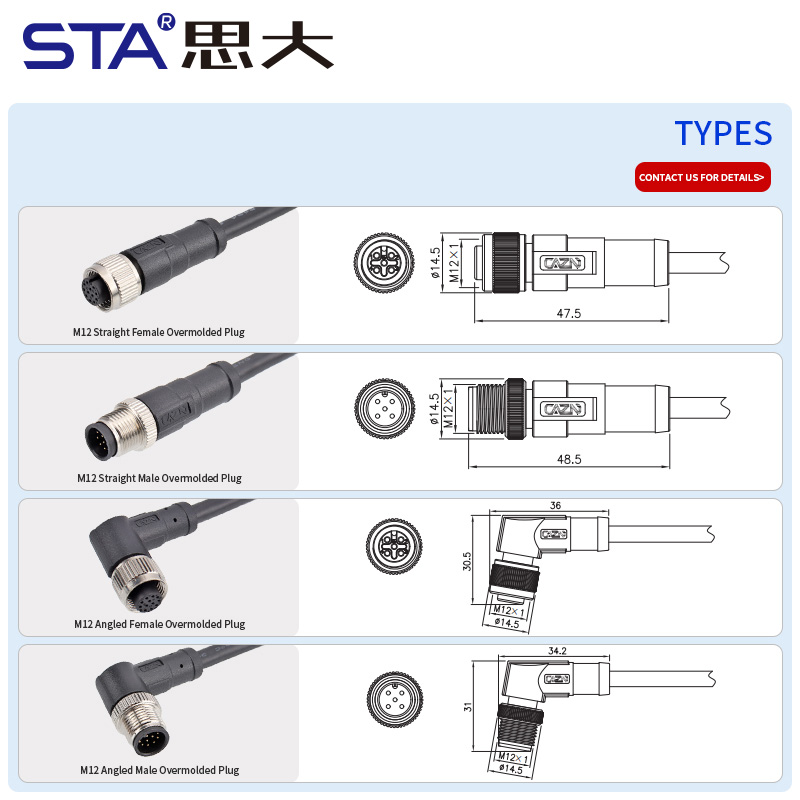 M12 Неэкранированный Литой Прямой/Угловой Разъём с Кабелем PVC/TPU