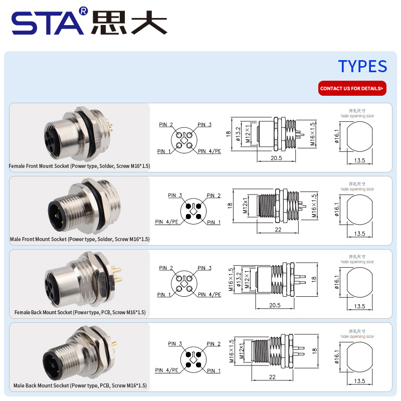 M12 T-Code IP67 силовые панельные разъёмы 12A 60V M16
