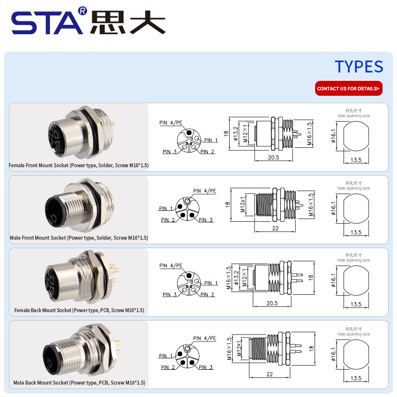 M12 IP67 L-код силовой металлический разъём, передняя/задняя панельная установка, 3/4/5 контактов
