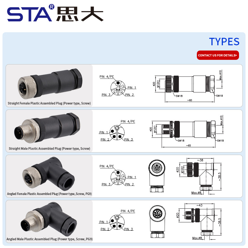 M12 Power Type L-Coded Straight / Angled Male Female Plastic Assembled Plug Connector 63V/16A