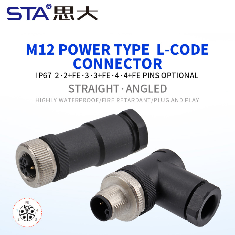 M12 Power Type L-Coded Straight / Angled Male Female Plastic Assembled Plug Connector 63V/16A
