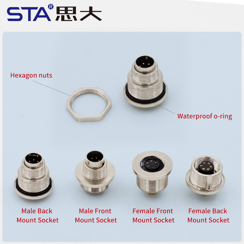 Разъёмы M9 с пайкой, металлические, передний/задний монтаж, 2–8 контактов