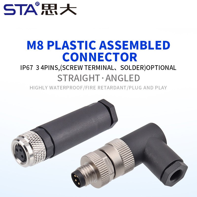 Прямой/угловой пластиковый разъем M8 (папа/мама) с винтовыми клеммами, 3/4 контакта