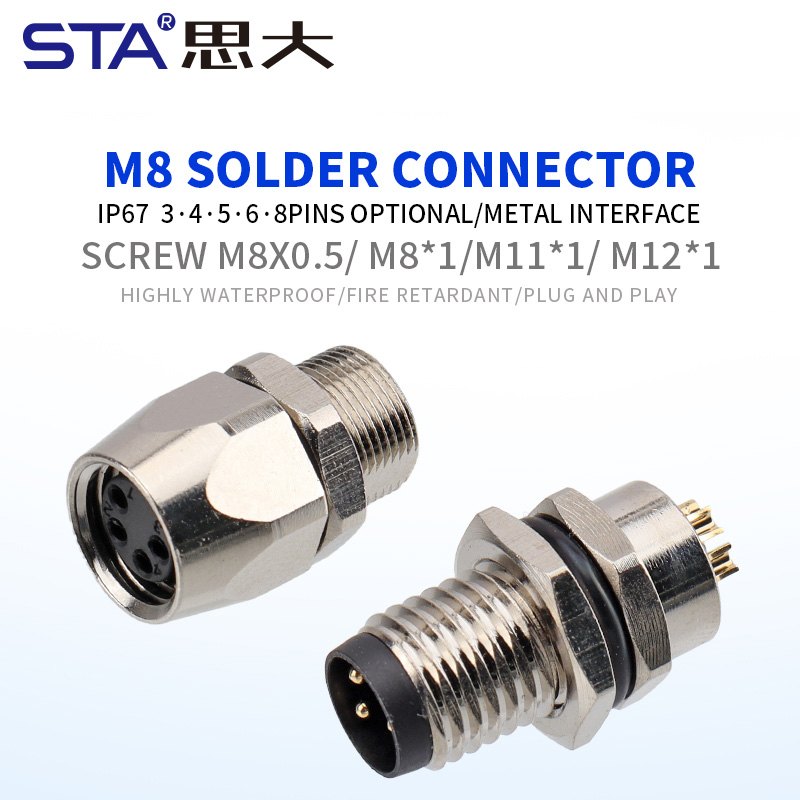 Водонепроницаемый разъем M8 с металлическим интерфейсом, с пайкой, с передним/задним креплением, 3, 4, 5, 6, 8 контактов