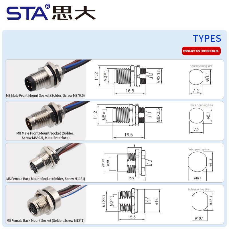Водонепроницаемый встроенный клеевой разъем M8 IP67 с заливкой, креплением спереди/сзади, с проводом длиной 30 см