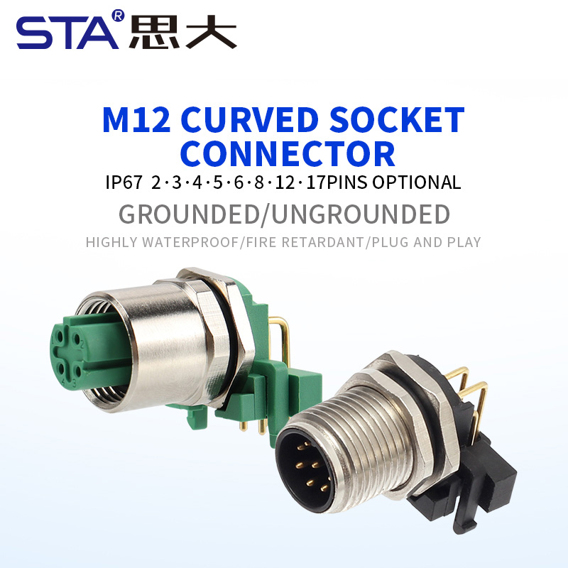 M12 Угловой PCB Разъём, Заземлённый/Незаземлённый, 2–12 Контактов