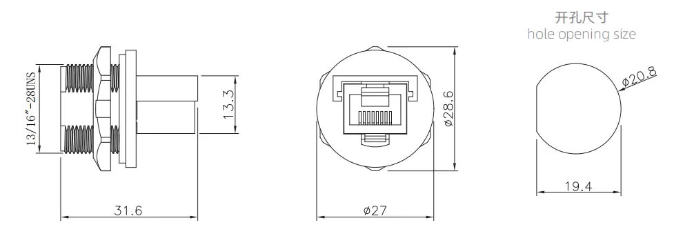 RJ45 Female Back Mount PCB Receptacle(Threaded)
