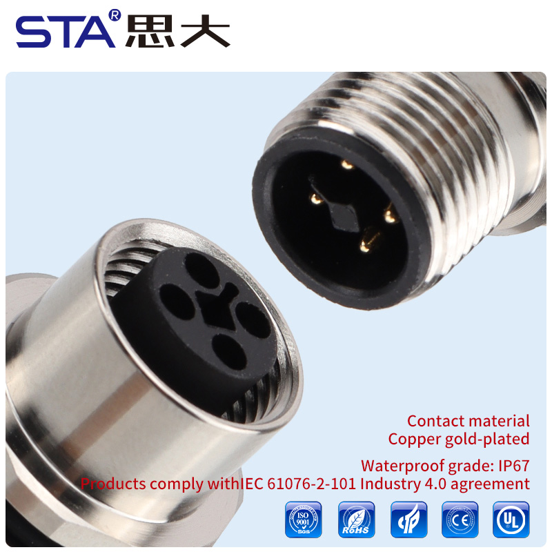 M12 T-код Силовой Литой (Overmolded) Разъём IP67 60V/12A