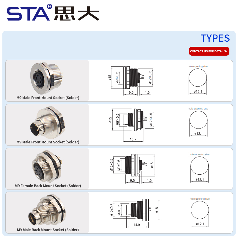 Разъёмы M9 с пайкой, металлические, передний/задний монтаж, 2–8 контактов