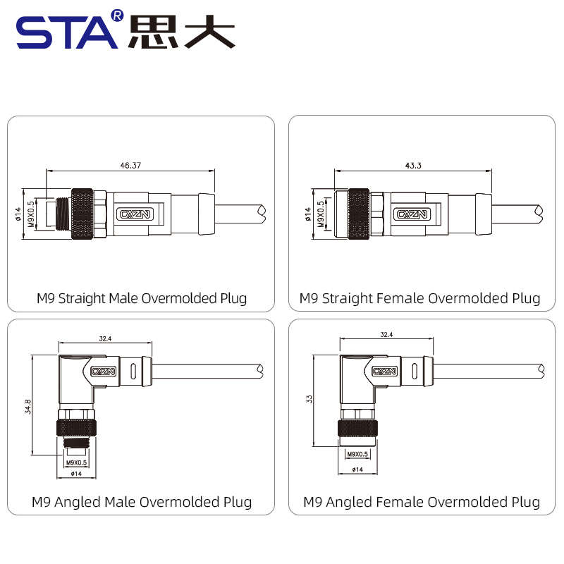 Разъёмы M9 литьевые, прямые и угловые, экранированные/неэкранированные с кабелем PVC/PUR