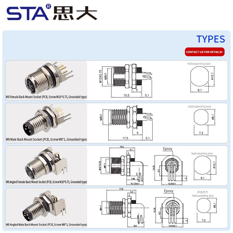 Водонепроницаемый разъем M8 для печатной платы, прямой/угловой, с задним креплением, металлический интерфейс, с заземлением, 3, 4, 5, 6, 8 контактов
