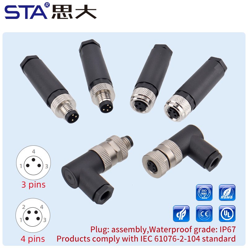 Прямой/угловой пластиковый разъем M8 (папа/мама) с винтовыми клеммами, 3/4 контакта