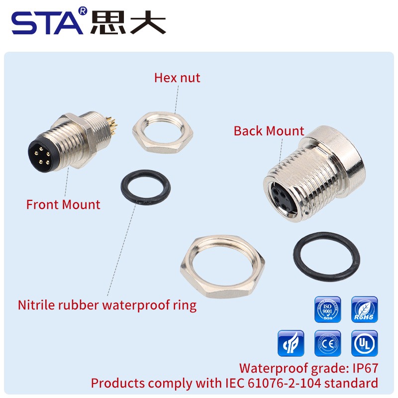 Водонепроницаемый разъем M8 с металлическим интерфейсом, с пайкой, с передним/задним креплением, 3, 4, 5, 6, 8 контактов