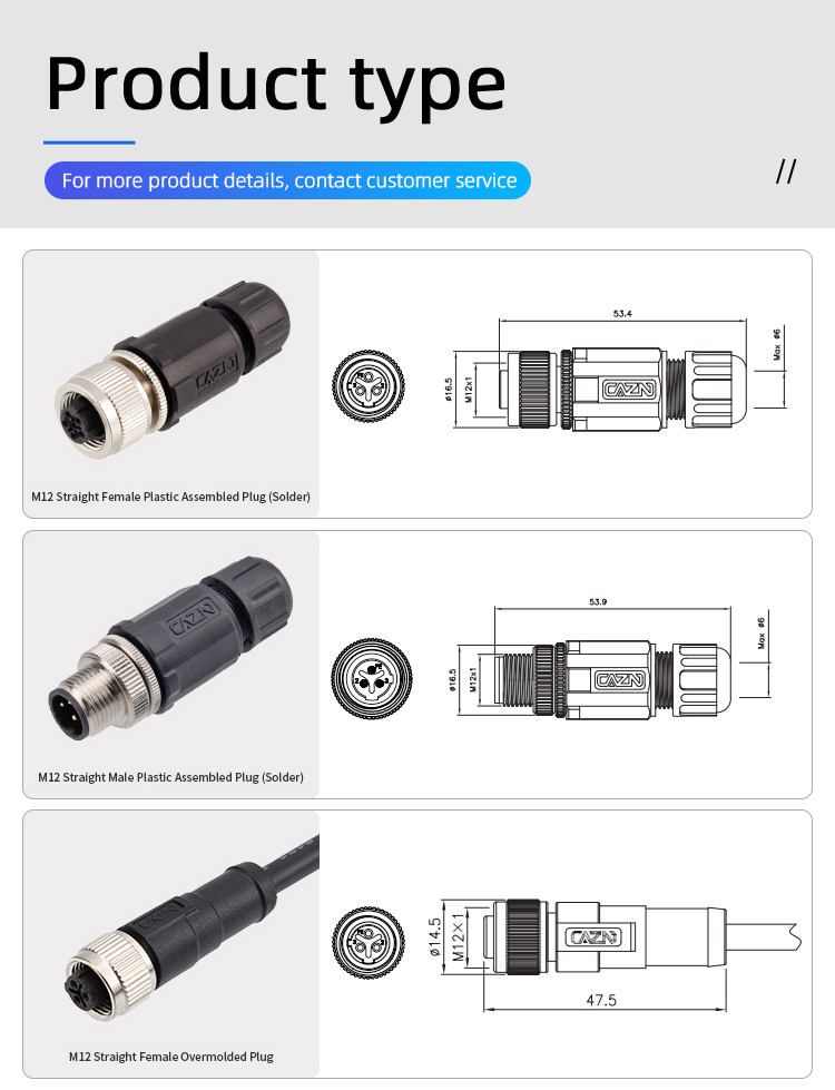 M12 C-Code Круглые Водонепроницаемые Разъёмы — Панельные Solder/PCB Гнёзда, Прямые/Угловые Штекеры, Литые Кабели PVC/TPU