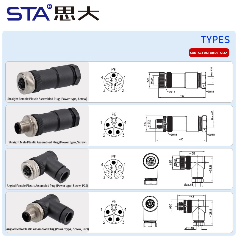 Штепсельная вилка M12 с K-кодировкой, прямая/угловая, пластиковый разъем, 800 В, 16 А, степень защиты IP67