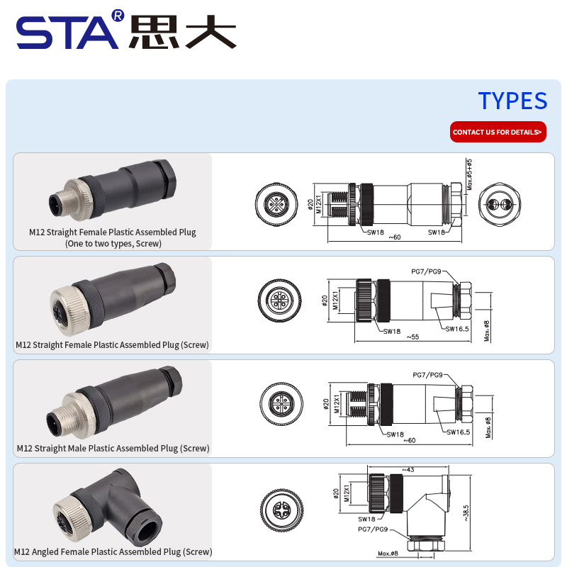 M12 пластиковый в сборе разъём с винтовым соединением, прямой/угловой, IP67, PG7/PG9/PG11