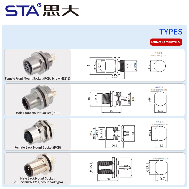 M12 металлический PCB-разъём переднего/заднего монтажа, резьба M16×1.5 / PG9 / M12×1