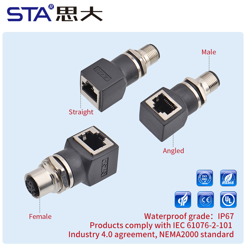 M12 IP67 Адаптер к RJ45, прямой/угловой, 4/8 пин