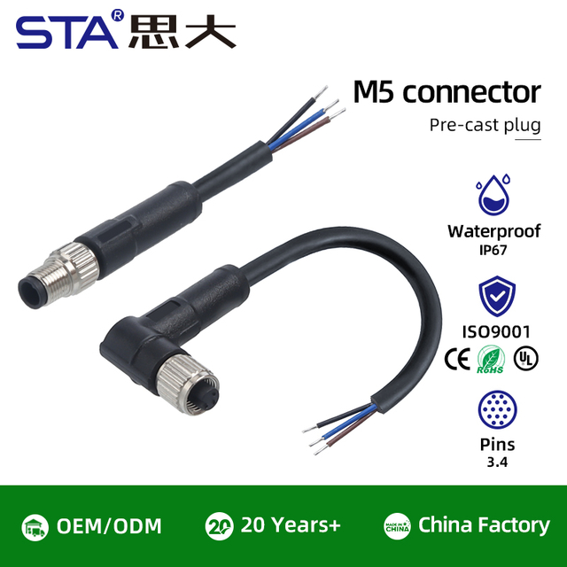 M5 Прямой / Угловой литой разъём, 3/4 контакта, водонепроницаемый коннектор