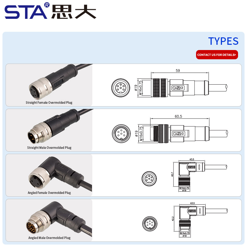 M16 неэкранированный overmolded разъём IP67 прямой угловой/90°