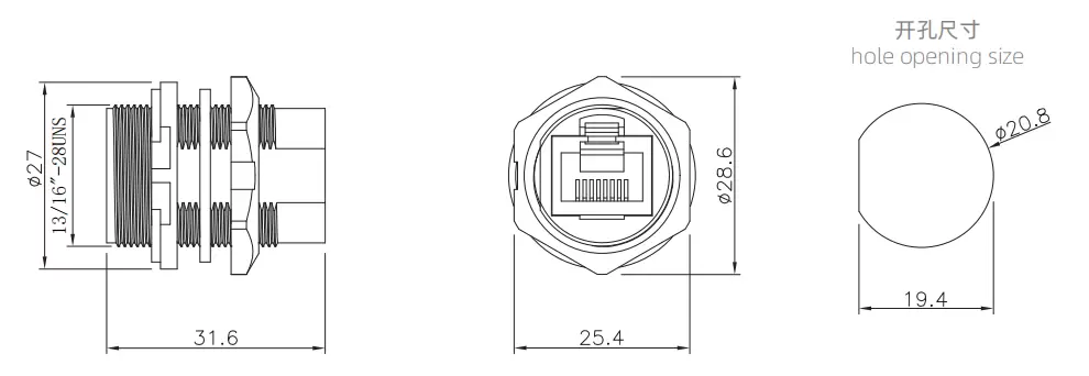 RJ45 Female to Female Front Mount Receptacle(Threaded)