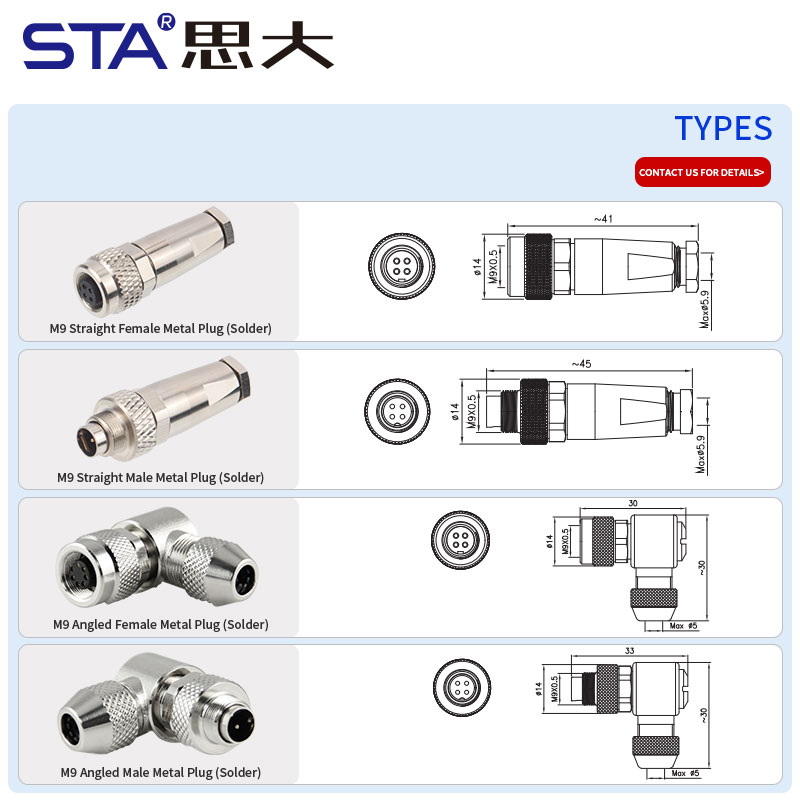 Разъёмы M9 с пайкой, прямые/угловые, металлическая сборка, водонепроницаемые