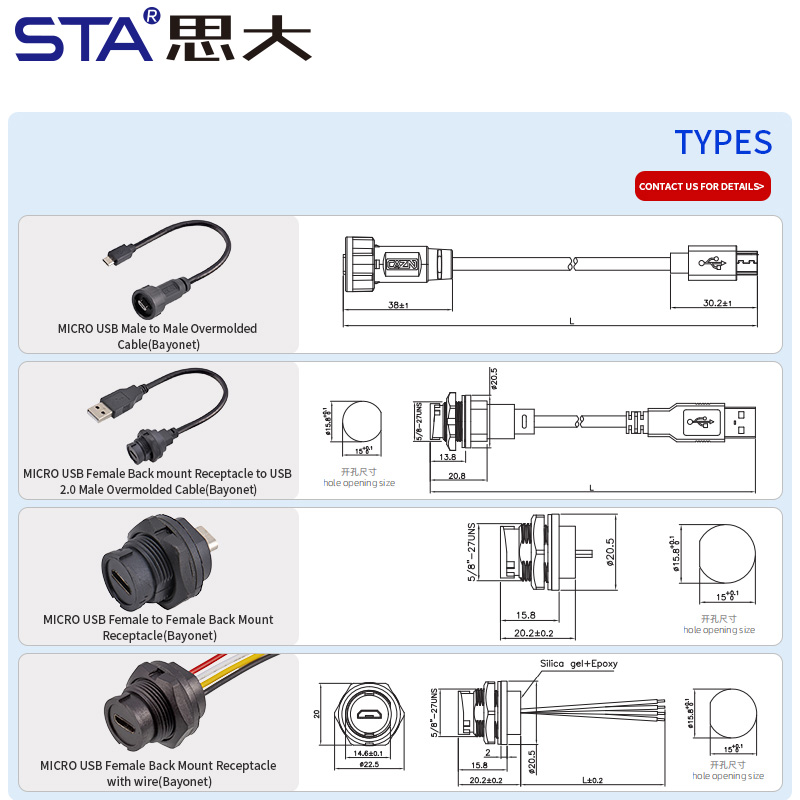 Герметичный литой кабель Micro USB с байонетным соединением, IP67/IP68
