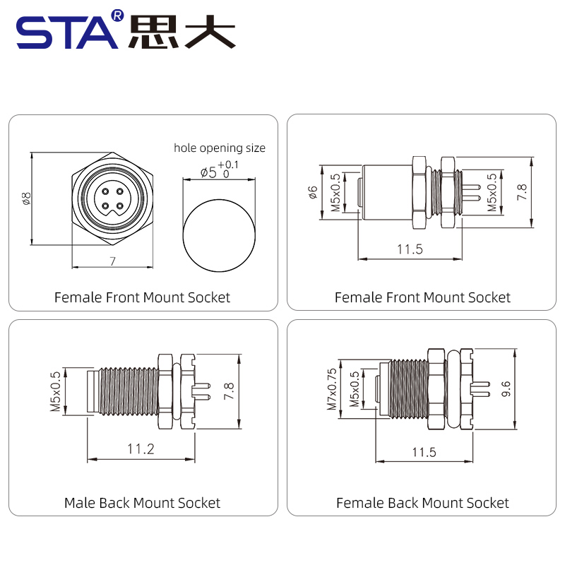 Влагозащищённый разъём M5 для монтажа на плату, 3/4 контакта, фронтальное и тыльное исполнение