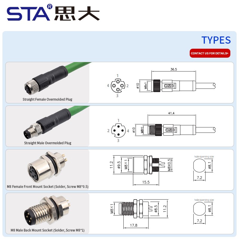 M8 4D Code IP67 Straight / Angled Overmolded Plug Connector
