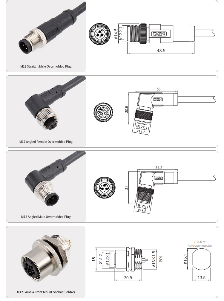 M12 C-Code Круглые Водонепроницаемые Разъёмы — Панельные Solder/PCB Гнёзда, Прямые/Угловые Штекеры, Литые Кабели PVC/TPU