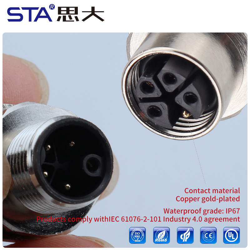 Штепсельная вилка M12 с K-кодировкой, прямая/угловая, пластиковый разъем, 800 В, 16 А, степень защиты IP67