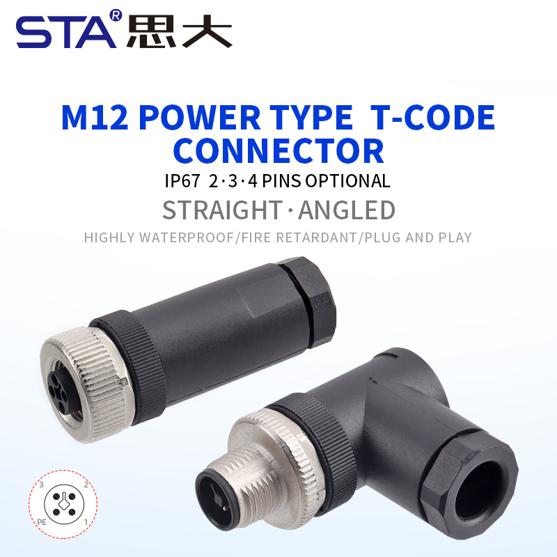 М12 T-код Силовой Прямой/Угловой Пластиковый Разборный Разъём IP67, 60V/12A