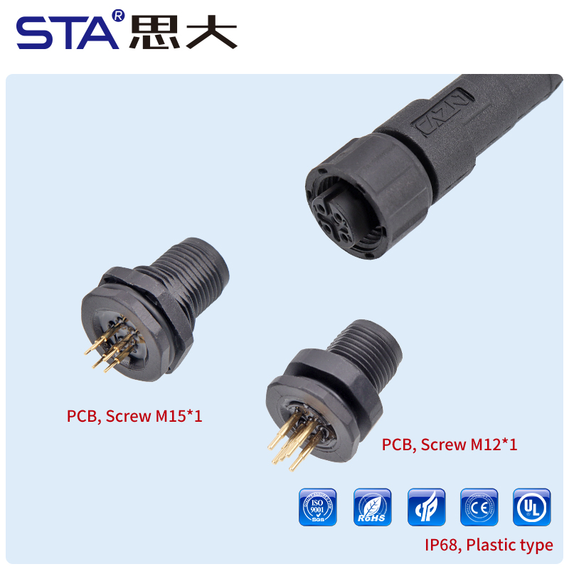 M12 Водонепроницаемые Панельные Пластиковые Разъёмы PCB Переднего/Заднего Монтажа