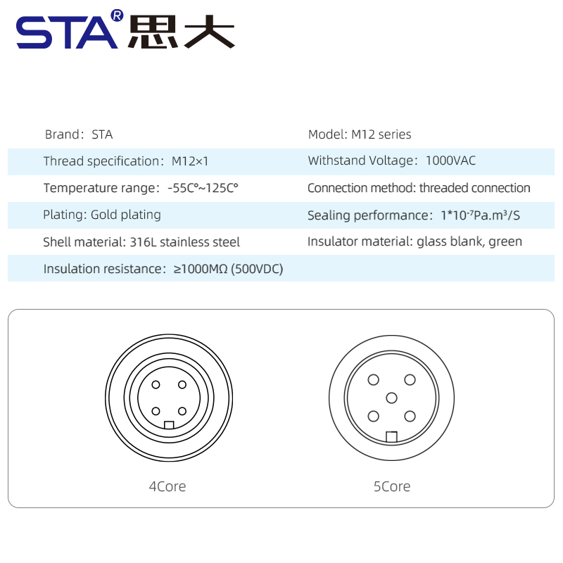 M12 стеклоспечённый герметичный датчик разъём 316L, 4/5 контактов