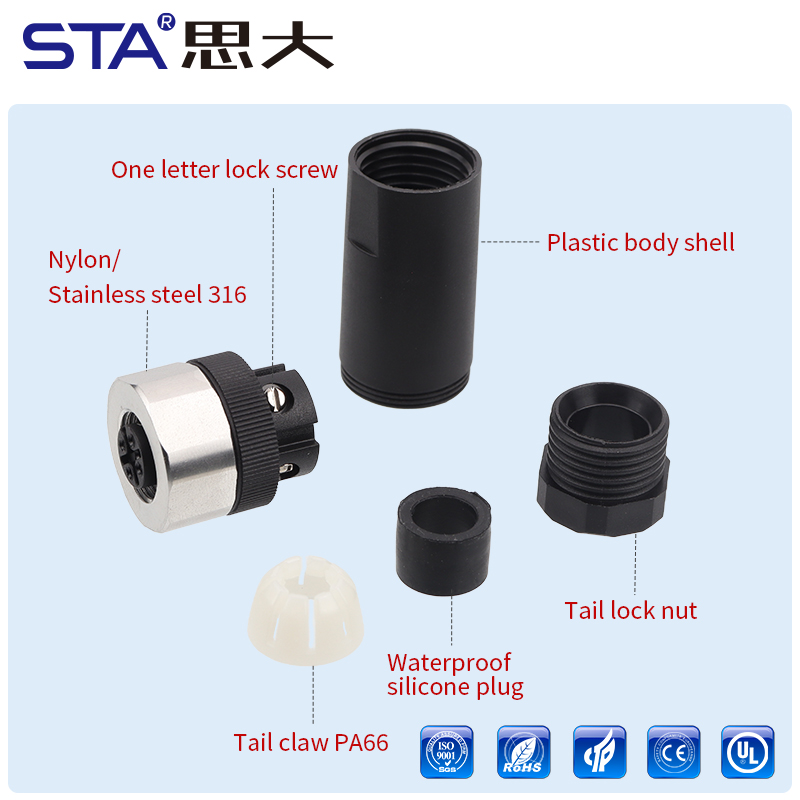 Соединитель из нержавеющей стали 316, пластиковый, IP67, M12, прямой/угловой, штекер/гнездо