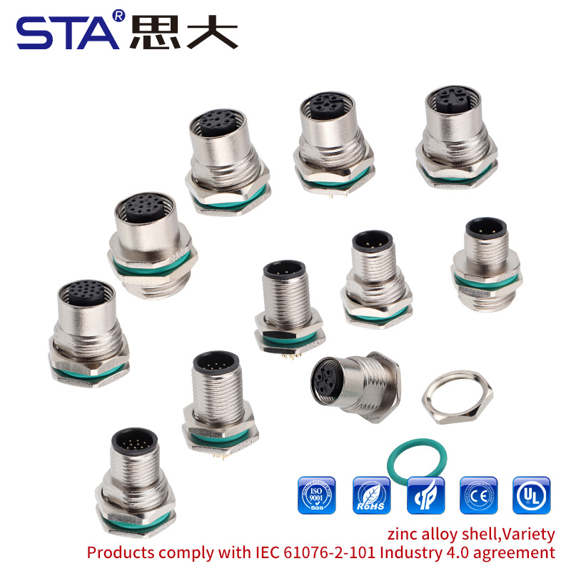 Водонепроницаемый авиационный штекер M12 IP67 для пайки/печатных плат, цинковый сплав, штекер/гнездо, передний/задний монтажный разъем