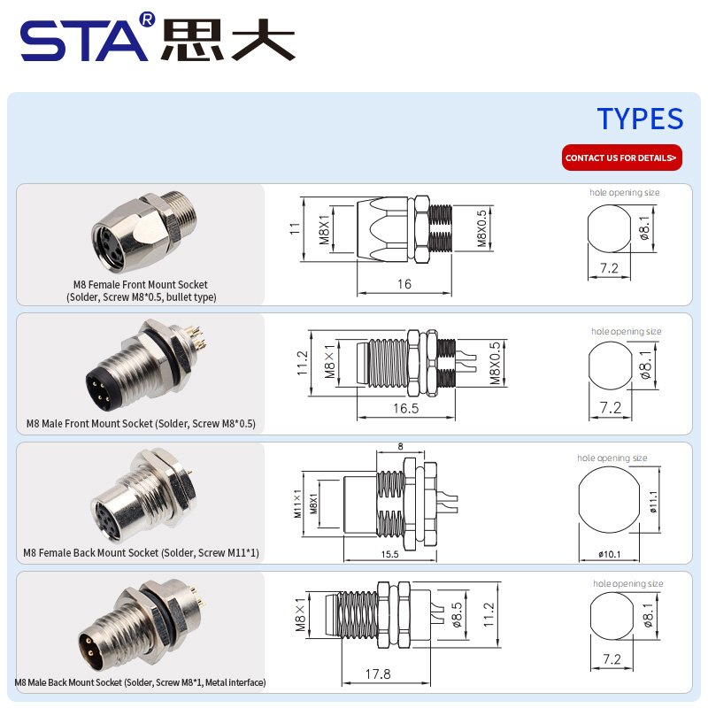 Водонепроницаемый разъем M8 с металлическим интерфейсом, с пайкой, с передним/задним креплением, 3, 4, 5, 6, 8 контактов