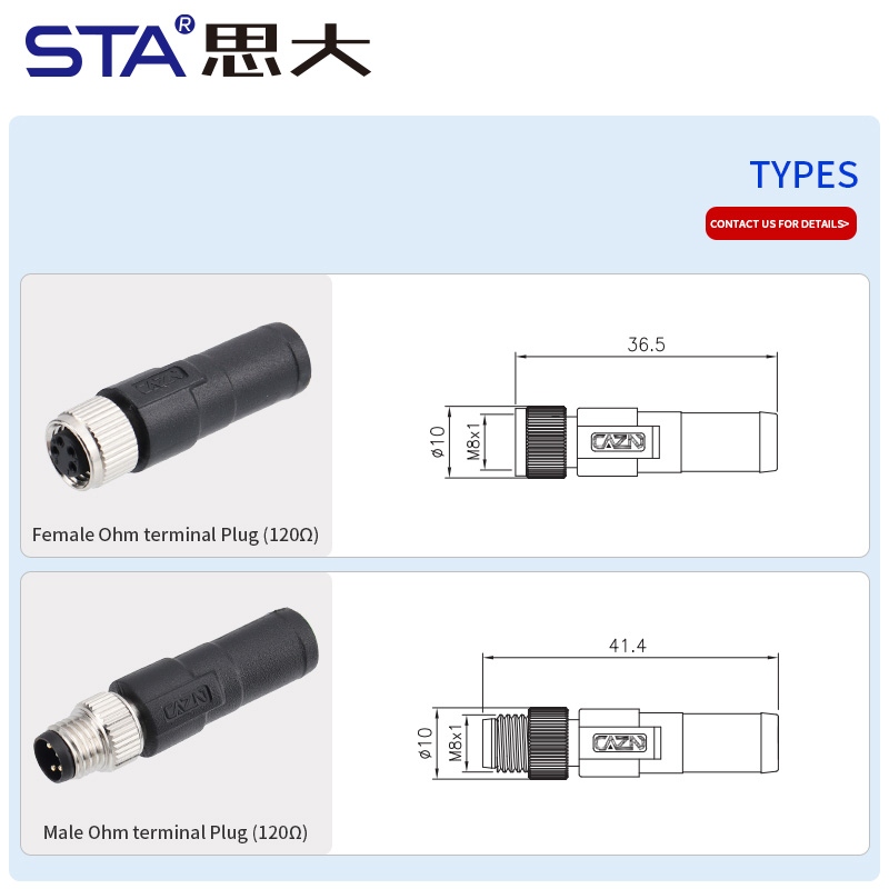 Разъем M8 (папа/мама) с клеммой 120 Ом, 3, 4, 5, 6, 8 контактов